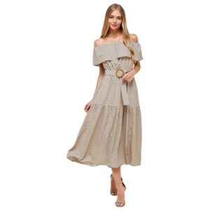EPISODE Woman's‎ Small Off the Shoulder Boho Tiered Flowy Midi Dress Beige